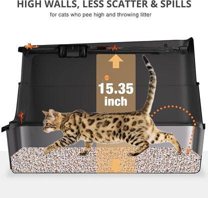 Stainless Steel Cat Litter Box, XL Enclosed Cat Litter Box with Lid, Easy to Clean High-Sided Metal Kitty with Top Entry, Scoop, Mat, Brush & Foot Pedal-Black