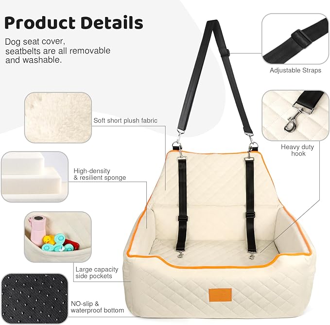 XIEEAOZEE Dog Car Seat for Large/Medium Dog, Booster Seat Under 55Lbs or 2 Small Dogs, Detachable and Washable Travel Pet Seat with Thick Cushion and Storage Pockets (Beige)