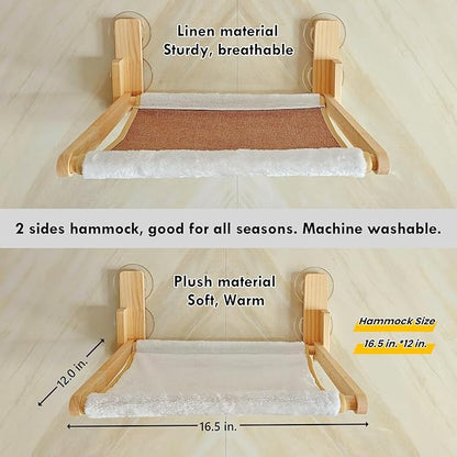 Foldable Cat Window Perch, Natural Wood, 16.5''×12'' Hammock, 35 lbs Weight Limit, Cat Window Hammock for Small Size Windows