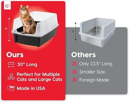 IRIS USA XX-Large Open Top Cat Litter Box with High Sided Walls Tall Scatter Shield Scoop Included Easy Clean Plastic Pan for Big Cats Kittens Multi-Cat Households 30"L x 20"W x 14"H Black
