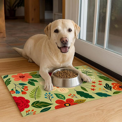 Non Slip Pet Feeding Mat with Floral Design for Dogs and Cats Food Water Bowl Placemat Easy Clean Pet Food Mat for Kitchen Dining Area Home Decor 24 x 16 Inch Absorbent Cat Water Bowl Mat
