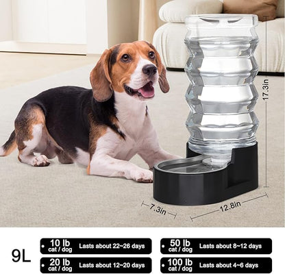 RIZZARI 9L Dog Water Dispenser:Black Stainless Steel Automatic Gravity Feeder -Removes Odors -Softens Water-Helps Prevent Urinary Stones -Extends Lifespan -for Active Dog Owners &Home Garage Balcony