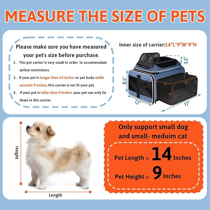 Petskd Top and Side Expandable Pet Carrier with Wheels 17x12x8.5 Inches JetBlue Frontier Spirit Airline Approved, Soft-Sided Carrier for Small Cats and Dogs with Locking Safety Zippers(Blue)