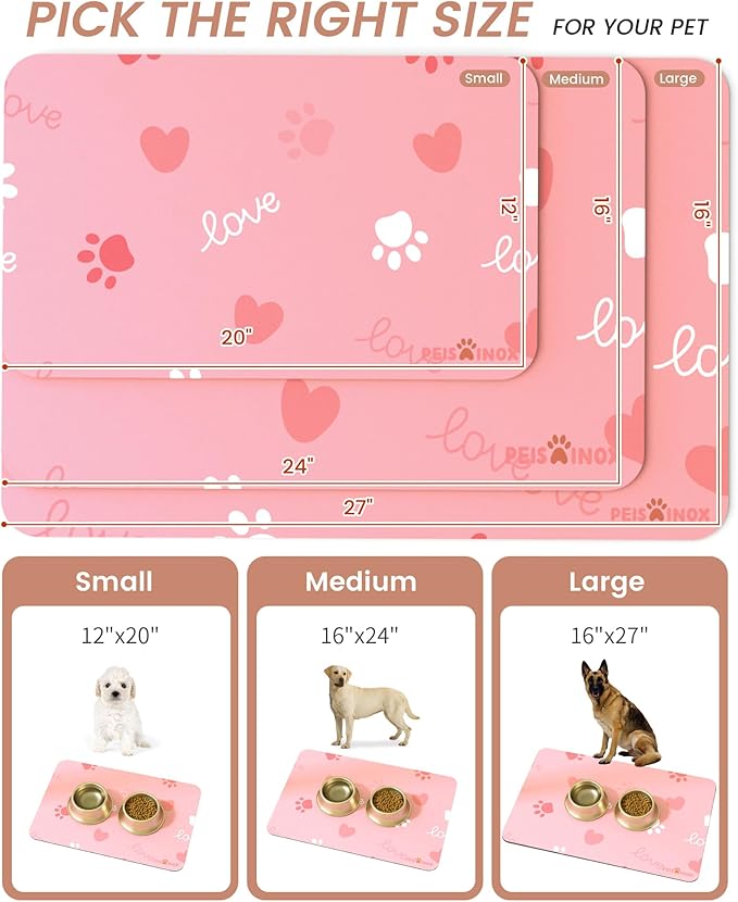 Cat Dog Food Mat, Rapid Water Absorption Dog Mat for Food and Water,100% Waterproof Cat Dog Bowl Mat, 16"x27"-Pink