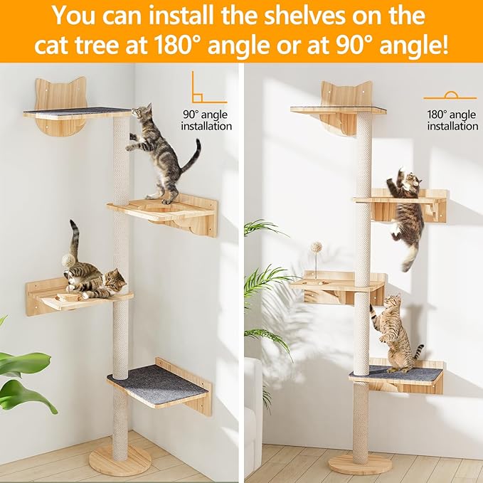 Wall Mounted Cat Tree with 2pcs Non-Slip Carpet, 63" Tall Sisal Scratching Post and Cat Shelves Perch with Wood Track Toy Ball, Cat Wall Shelf ClimbingTower for Indoor Middle Large Kitten