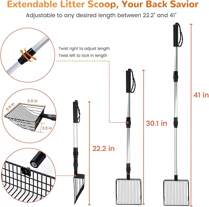 Metal Cat Litter Scoop with Holder, 43" Extendable Long Handle Cat Scooper for Litter Box, Solid & Durable, Deep Shovel for Fast Sifting, Large Pet Pooper Scooper for Kitty/Outside Dog Poop