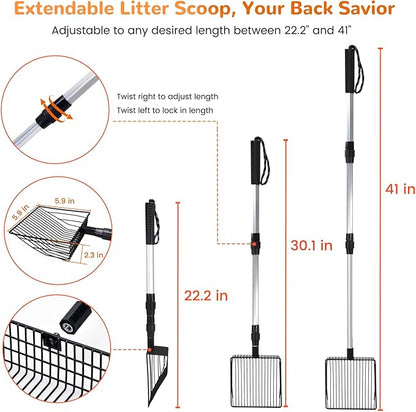 Metal Cat Litter Scoop with Holder, 43" Extendable Long Handle Cat Scooper for Litter Box, Solid & Durable, Deep Shovel for Fast Sifting, Large Pet Pooper Scooper for Kitty/Outside Dog Poop