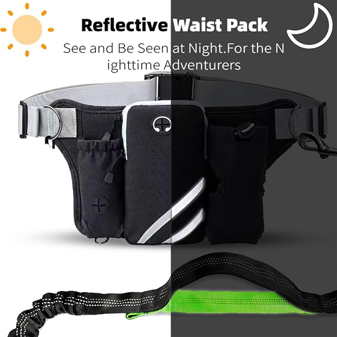Hands Free Dog Leash for Running with Adjustable Waist Belt, Shock Absorbing Bungee & Reflective Stitching for Large Medium Small Dogs on Walks, Jogging, Hiking Training (Black)