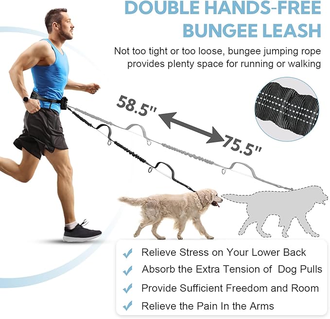 Hands Free Dog Leash, Adjustable Waist Belt with Double Padded Handles, Retractable Bungee for Medium & Large Dog, Running, No Pull,Black Grey
