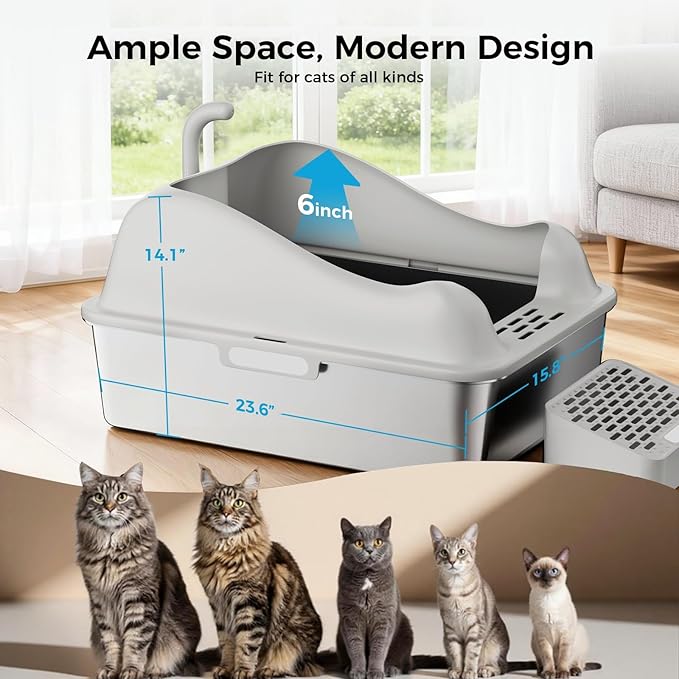GTPLAYER Stainless Steel Litter Box for Big & Multiple Cats, Easy Clean Odor-Resistant Design, High Sided Leak-Proof Litter Box with Mat & Scoop – Grey 1 Pack