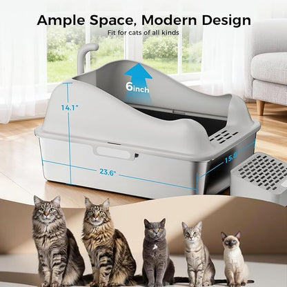 GTPLAYER Stainless Steel Litter Box for Big & Multiple Cats, Easy Clean Odor-Resistant Design, High Sided Leak-Proof Litter Box with Mat & Scoop – Grey 1 Pack