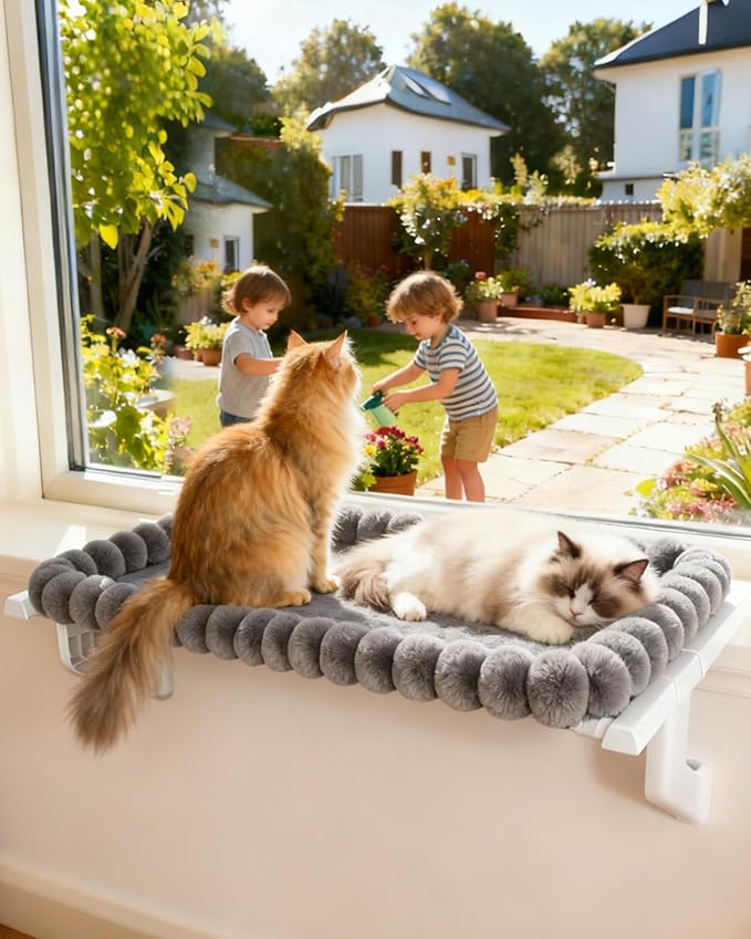 Heavy-Duty Cat Window Perch – Soft, Cozy & Warm Plush Cover with Raised Edge – Durable, Easy-to-Assemble Cat Hammock for Large & Multiple Cats (L, with Raised Edge)