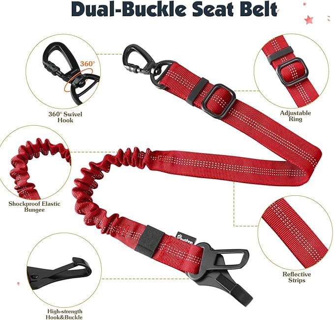 Pawaboo Dog Seat Belt Harness for Car, Dog Car Harness Seatbelt with Double Clips, Adjustable Breathable Pet Vest & Dogs Safety Tether with Elastic Bungee for Small Medium Large Pet, S, Red+Black