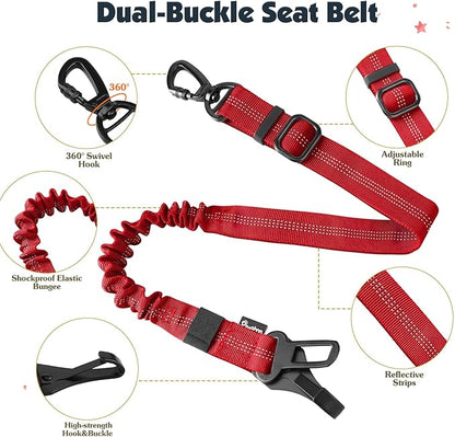 Pawaboo Dog Seat Belt Harness for Car, Dog Car Harness Seatbelt with Double Clips, Adjustable Breathable Pet Vest & Dogs Safety Tether with Elastic Bungee for Small Medium Large Pet, S, Red+Black