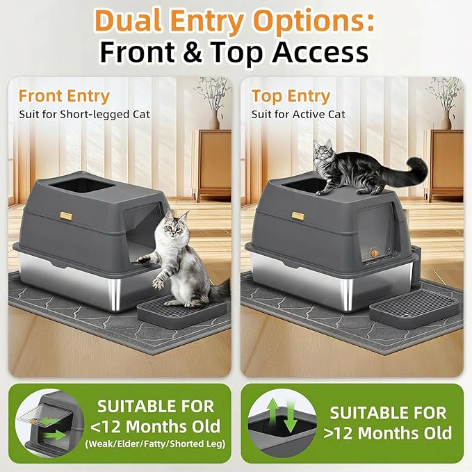 Stainless Steel Litter Box with Lid,Front Entry Top Exit Kitty LitterBox,Extra Large Enclosed Metal Cat Box with Litter Scoop & Litter Mat-Dark Gray