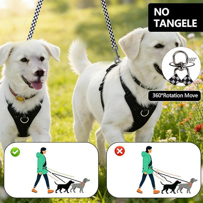 Roses&Poetry Hands Free Double Dog Leash for Two Dogs, 9-11ft Adjustable Bungee Walking Waist Lead, Dual Dog Leash with Tangle-Free Swivel for Medium Large Dogs Heavy Duty Running(Blackwhite)