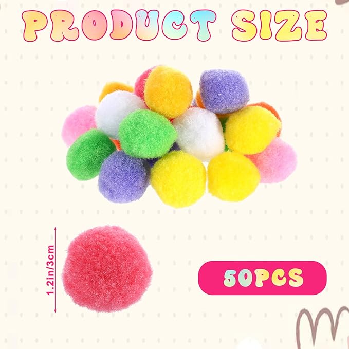 50 PCS Cat Pom Pom Balls, Pompoms for Cats, Interactive Lightweight Fuzzy Toy Balls Plush for Indoor Cats, Assorted Colors for Kitten Playing Exercising, 0.9inch