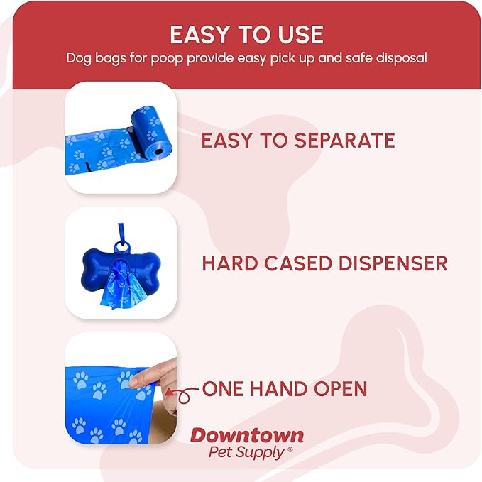 Downtown Pet Supply Poop Bags for Dogs with Dispenser, 960 Count - Leak-Proof Dog Waste Bags and Bone-Shaped Dog Poop Bags Holder for Leash - Rainbow with Paw Prints, 12.5" x 8.5"