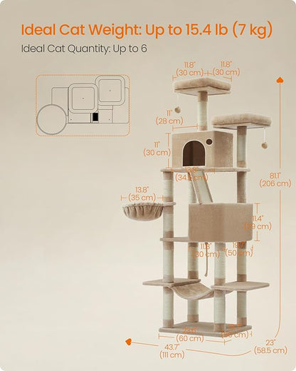 Feandrea Cat Tree, 81.1-Inch Large Cat Tower, Multi-Level Plush Condo with 13 Scratching Posts, 2 Perches, 2 Caves, Basket, Hammock, Pompoms, Camel Brown UPCT190K01