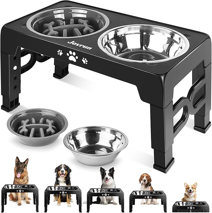 Elevated Dog Bowls for Medium Large Size Dogs, Non-Slip Dog Feeder with 1*Stainless Steel Dishes & 1*Slow Feeder Bowl, 5 Heights Adjustable Raised Bowls to 3.15″-8.66″-9.84″-11.02″-12.2″