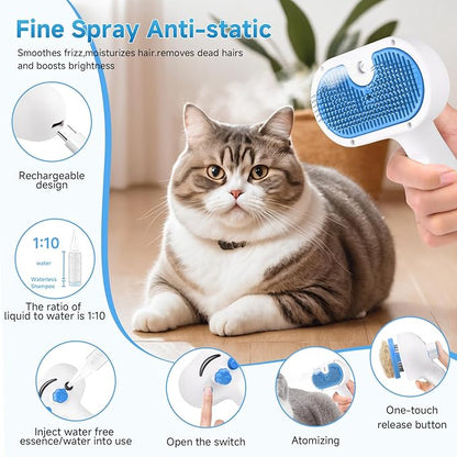 Pet Steam Brush for Dog & Cat - 3-in-1 Steam Grooming Slicker Brush & Undercoat Rake for Shedding - Self Cleaning Spray Comb with Mist for Long & Short Haired Pets - Includes Waterless Shampoo, Blue
