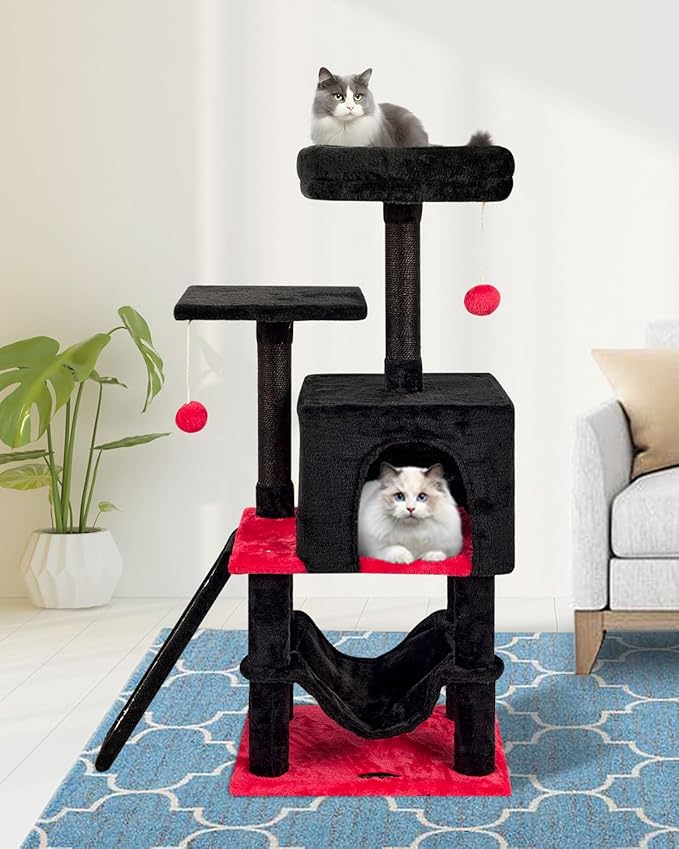 MIAO PAW Gothic Cut Cat Tree with Coffin Bed for Indoor Cats Cat Tower with Scratching Post Modern Activity House for Large Cats Condo with Board Kittens Cave Hammock Hanging Ball RED Black