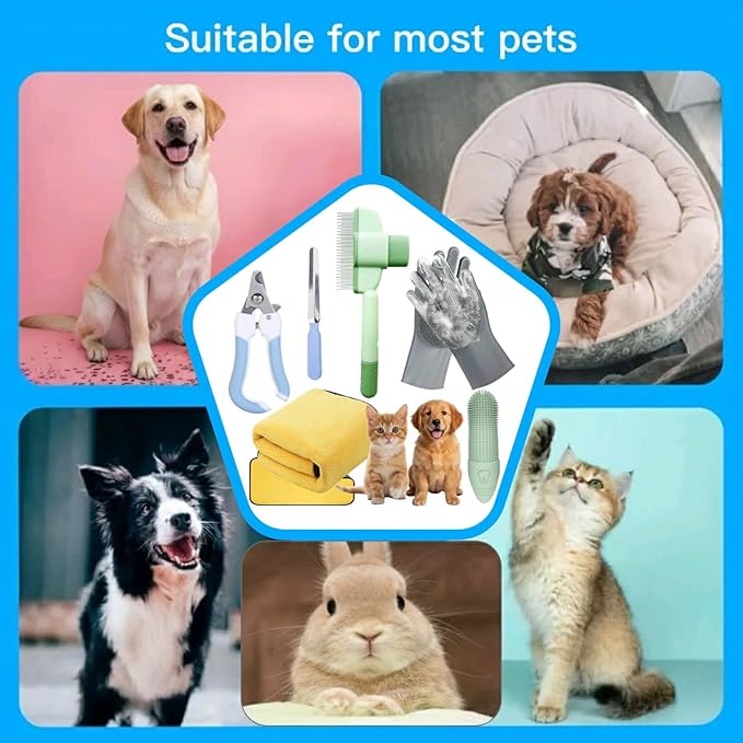 Cat Grooming Kit- 6PCS include Dog Brush For Shedding,Cat Combs For Indoor Cats,Puppy Quick-Drying Towel, Dogs Washing Gloves, Dog & Cat Pets Nail Clippers and Trimmers,Reusable.