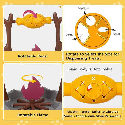 Cat Slow Feeder, Interactive Cat Puzzle Toy Treat Dispenser - BBQ Campfire Grill Design, Adjustable Rotating Roast Fish Flame Mental Stimulation Food Dispensing Toy for Indoor Cats Kittens