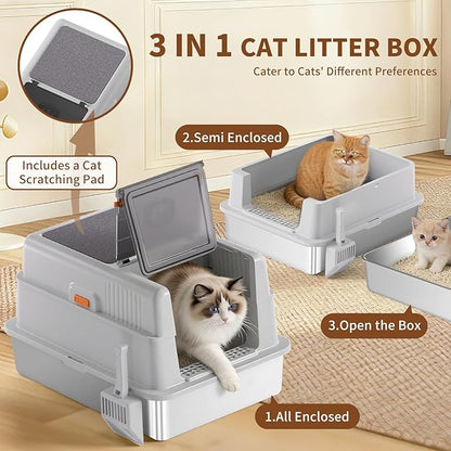 XXXXL Stainless Steel Litter Box with Lid,28.0" L × 20" W × 17" H Extra Large High Sided Cat Litter Box for Multi -Cats,Enclosed Metal Litter Box with Cat Scratcher and Scoop,Grey