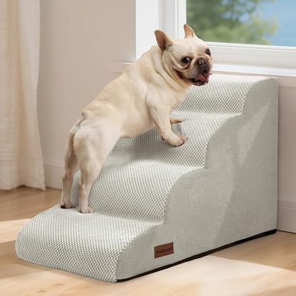 Dog Steps for Bed and Couch,4-Step Dog Stairs and Ramp for Small Dogs & Cats,Indoor Anti-Slip Pet Stairs for Old Cats and Puppy,Light Grey