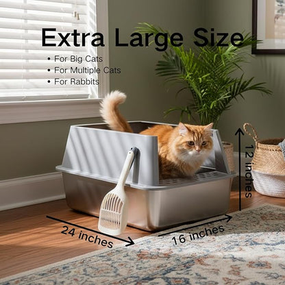 XL Stainless Steel Litter Box 2 Pack, 24x16x12 Inches Extra Large High Sided Metal Cat Litter Box with Lid, Easy Clean, Non Stick & No Smell
