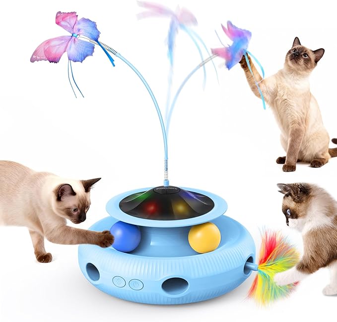 Pawtners Interactive Cat Toy 4 in 1 Automatic Cat Toy for Indoor Cats, Self Play Kitty Toy with Fluttering Butterfly, Track Ball and Feather Pack, Blue
