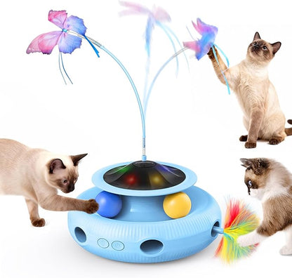 Pawtners Interactive Cat Toy 4 in 1 Automatic Cat Toy for Indoor Cats, Self Play Kitty Toy with Fluttering Butterfly, Track Ball and Feather Pack, Blue