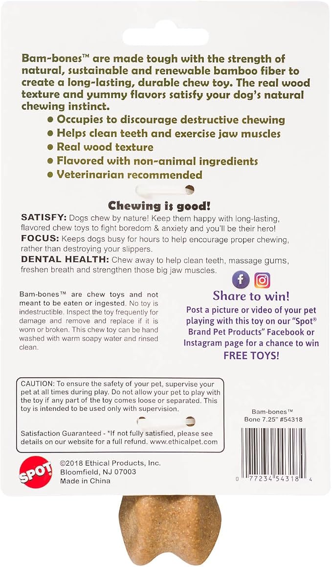 SPOT Bam-Bones Bone - Made with Strong Bamboo Fiber, Durable Long Lasting Dog Chew for Light to Moderate Chewers, Great Toy for Adult Dogs & Teething Puppies under 40lbs, 7.25in, Chicken Flavor