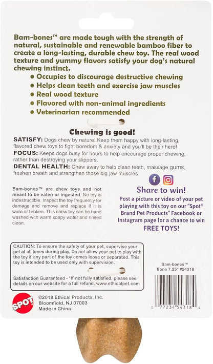 SPOT Bam-Bones Bone - Made with Strong Bamboo Fiber, Durable Long Lasting Dog Chew for Light to Moderate Chewers, Great Toy for Adult Dogs & Teething Puppies under 40lbs, 7.25in, Chicken Flavor
