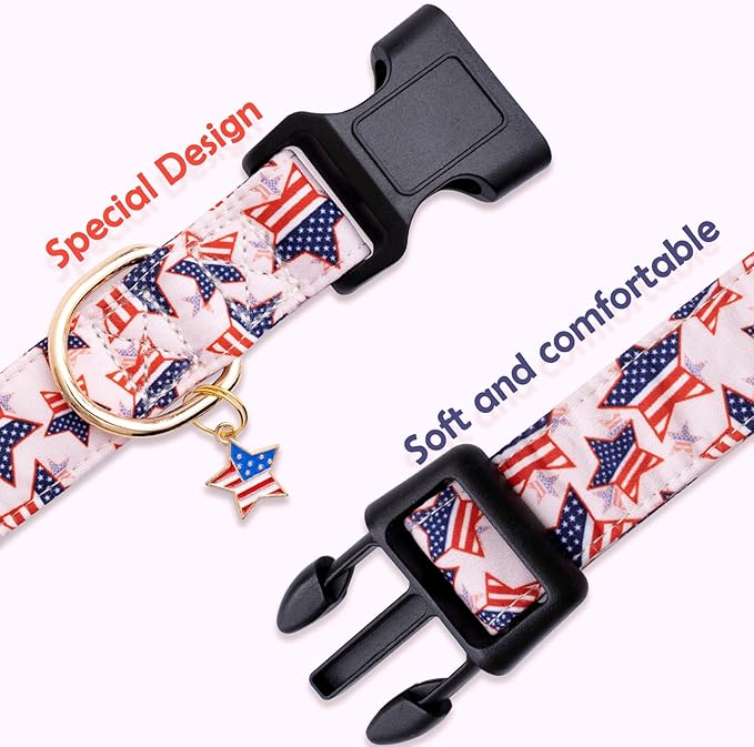 Faygarsle Cotton Dogs Collar Cute 4th of July Independence Day Dog Collars Pink Blue American Flag Star Patterns Dog Collarfor Girl Female Boy Male Small Medium Large Dogs S