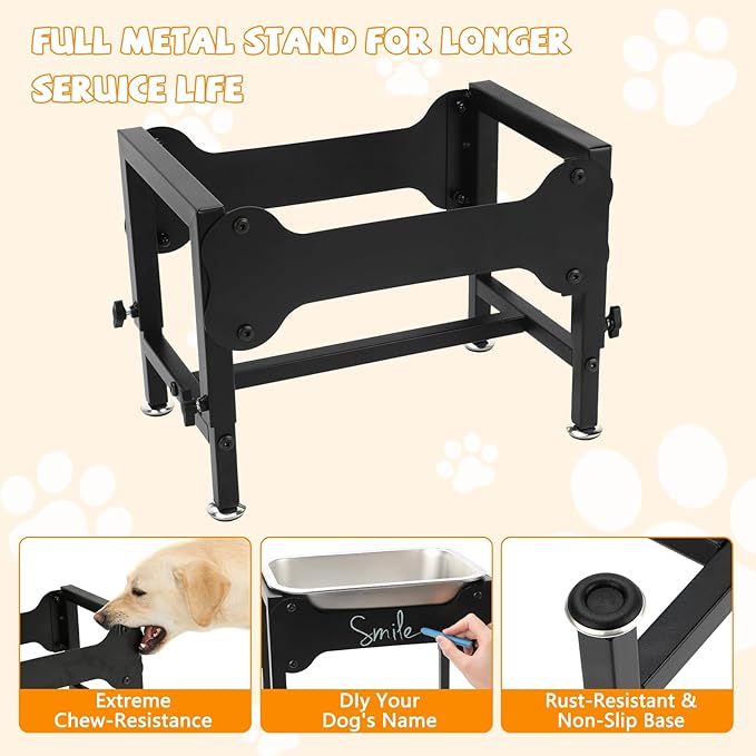 BWOGUE 1.25 Gal Elevated Large Dog Water Bowl, Raised Stainless Steel Bowl Stand Large Breed, 4 Height Adjustable (9", 11", 13", 15") Non-Slip Dog Feeding Station for Joint Pressure Relief Outdoor