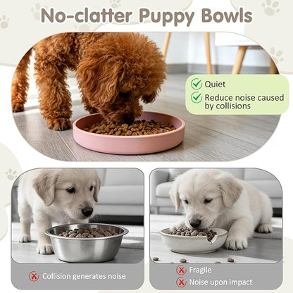 VCEPJH Silicone Dog Plates for Food Shallow Pet Bowl Flat Puppy Food Bowl Whisker Fatigue Cat Feeding Bowls Noiseless Dishes for Dry and Wet Food (Round Pink)