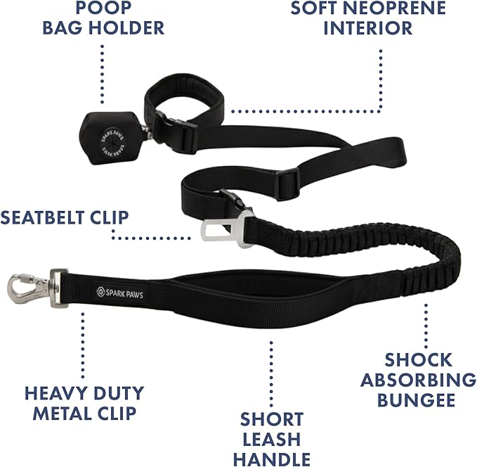 Spark Paws Handsfree Dog Leash – Shock Absorbing Waist Bungee Lead for Running, Car Seatbelt Clip & Poop Bag Set, Heavy Duty Tactical Lead for Medium, Large & X-Large Breeds - Black