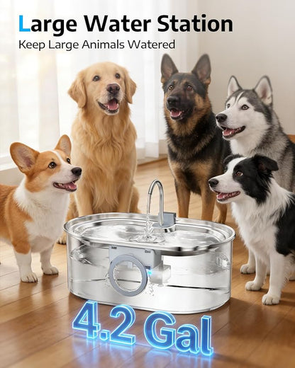 4.2Gal Dog Water Fountain for Large Dogs, 16L Stainless Steel Dog Fountain Water Bowl with Multi-Filtration & Deeper Drinking Tray, Extra Large Pet Water Fountain with Water Window(with 7 Filters)