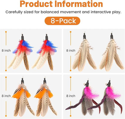 8 PCS Cat Colorful Feather Wand Replacement, Cat Toy Feather Replacement, Interactive Toy Refills for Indoor Cats