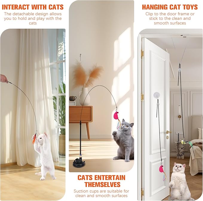 PAWCHIE Cat Wand Toy,19 Pcs Interactive Cat Feather Toy,Reusable Suction Cup Cat Bird Simulation Toy Set,Self Play Cat Kitten Toys for Indoor Play Exercise，Hanging String and Mouse Toy