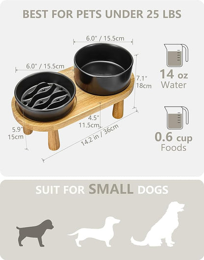 Ceramic Slow Feeder and Water Bowl Set for Small Dogs, 0.6 Cups Dog Slow Feeder(14oz) and 30oz Water Bowl Set, 6in, Black
