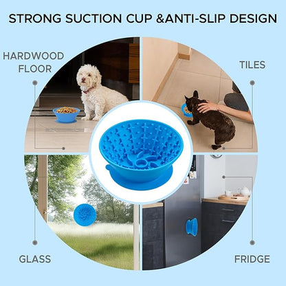 Dog Lick Bowl – Silicone Lick Mat for Dogs,Freezer-Safe, Slow Feeder, Non-Slip Base, Includes Brush & Scraper, Large Opening for Anxiety Relief & Oral Health, Ideal for Frozen Treats (Blue)-Large