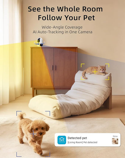 VIRTAVO AI Pet Camera Indoor with Phone App for Dog, Cat & Puppy, 360° Dual-Lens with Auto Tracking & Pet Calling, No Subscription, Wi-Fi 6 (5GHz/2.4GHz), Apple Watch & Alexa Compatible
