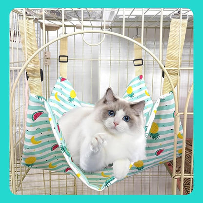 Andiker Cat Hammock for Cage Hanging, Reversible Kitten Cage Hammock with Metal Hooks for Cats for Sleeping and Playing, 22 * 18 in Double-Layer Hanging Cat Bed to Hang in Cages (Blue, L)