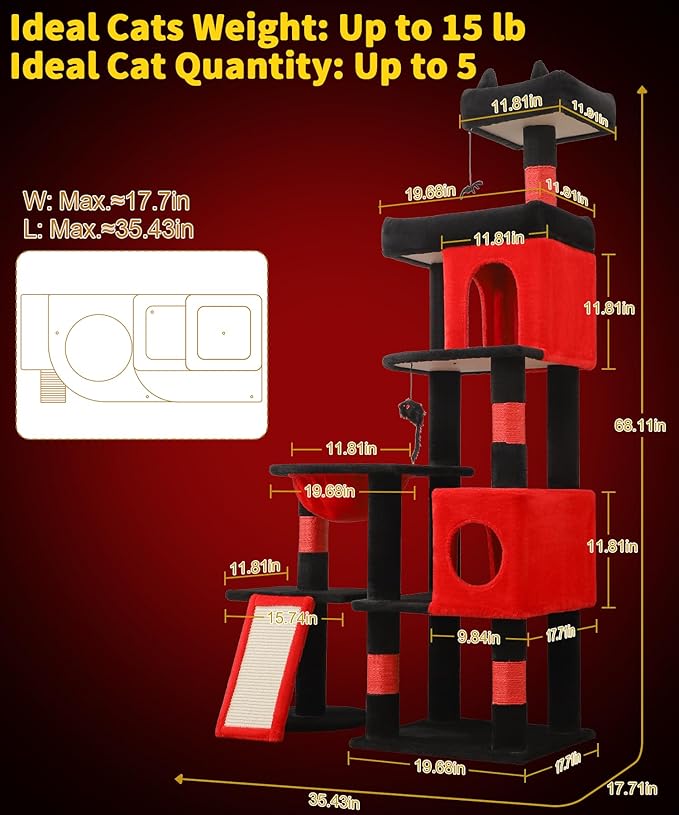 68 Inches Heavy Duty Cat Tree for Indoor Cat, Big Cat Tower with Sisal Scratching Posts and Top Perch, Large Platform for Adult Cats, PMT02RD, Black Red