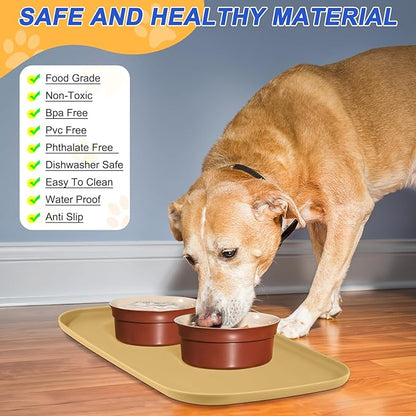 Silicone Pet Feeding Mat with Raised Edge for Food and Water, Dog Bowl Mats, Cat Bowls Placemat with High Lip for Floor Waterproof, Rubber Tray for Cats and Dogs 22 x 14 x0.8 Dark Beige