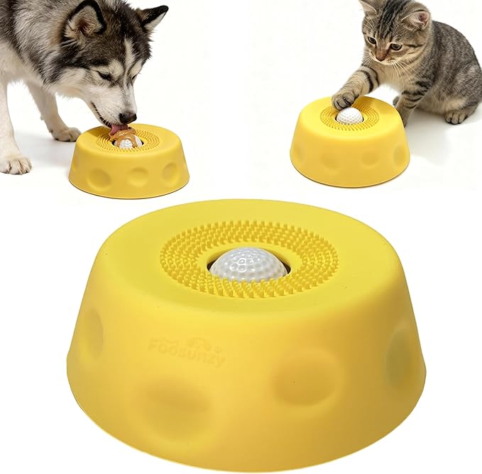 Slow Feeder Dog Bowls for Liquid with Rolling Ball, Interactive Lick Bowl Anti-Slip Lick Toy for for Wet Food, Water, Treats & Breeds Dietary Supplement for Dogs Cats (Yellow)