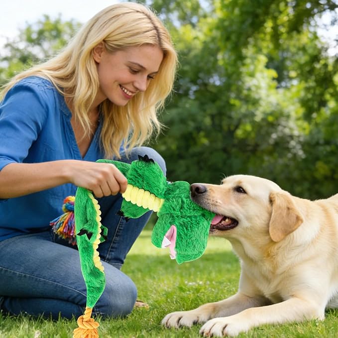 Andiker Squeaky Dog Toys, Snake Shape Dog Tug Toy with Squeaker and 19.29 in Long Cotton Rope, Interactive Dog Toy for Small Medium Large Dogs (Green)